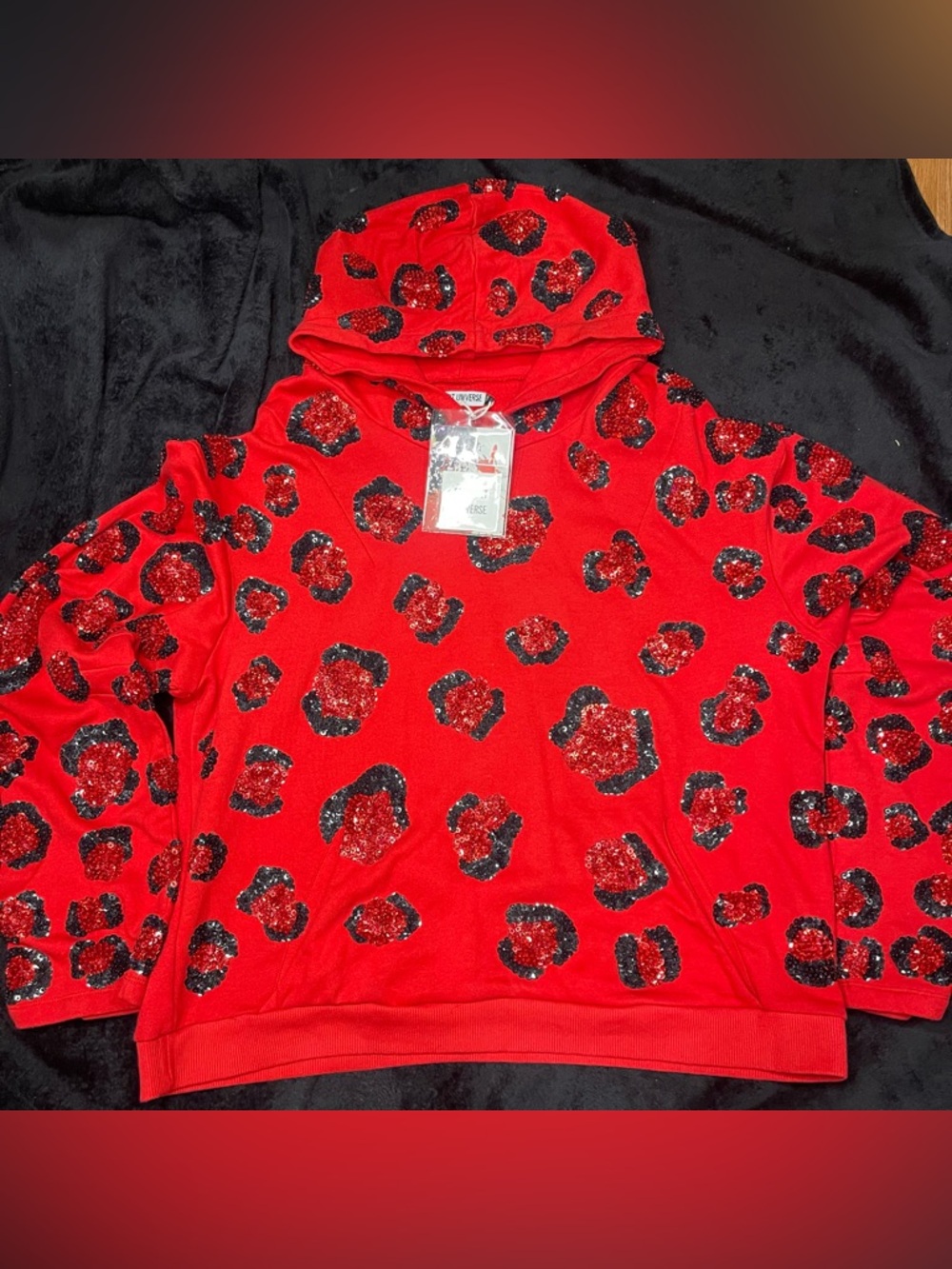 RARE- Discount Universe Red Leopard Sequin and Beaded Oversized Hoodie SZ XL